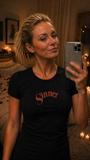 Vintage “Sinner” – Retro Pulp Style Distressed Red Logo Shirt – Gothic Romance Aesthetic