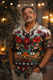 Cumbia/Día de los Muertos Button-Up Shirt – Sugar Skull, Floral & Guitar Print
