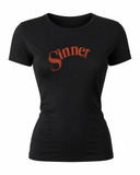 Vintage “Sinner” – Retro Pulp Style Distressed Red Logo Shirt – Gothic Romance Aesthetic