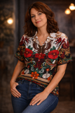 Cumbia/Día de los Muertos Button-Up Shirt – Sugar Skull, Floral & Guitar Print