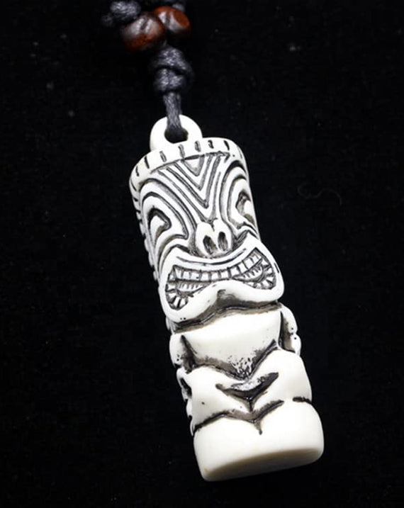Tiki Choker/Necklace with Rope Chain Modern Primitive Surfing Accessory Hand Painted Simulated Bone
