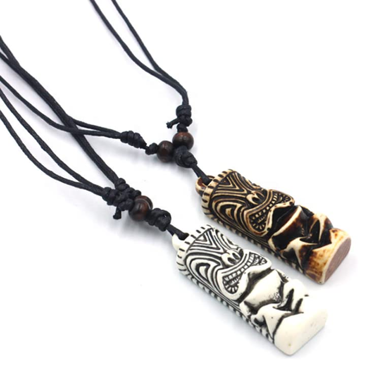Tiki Choker/Necklace with Rope Chain Modern Primitive Surfing Accessory Hand Painted Simulated Bone