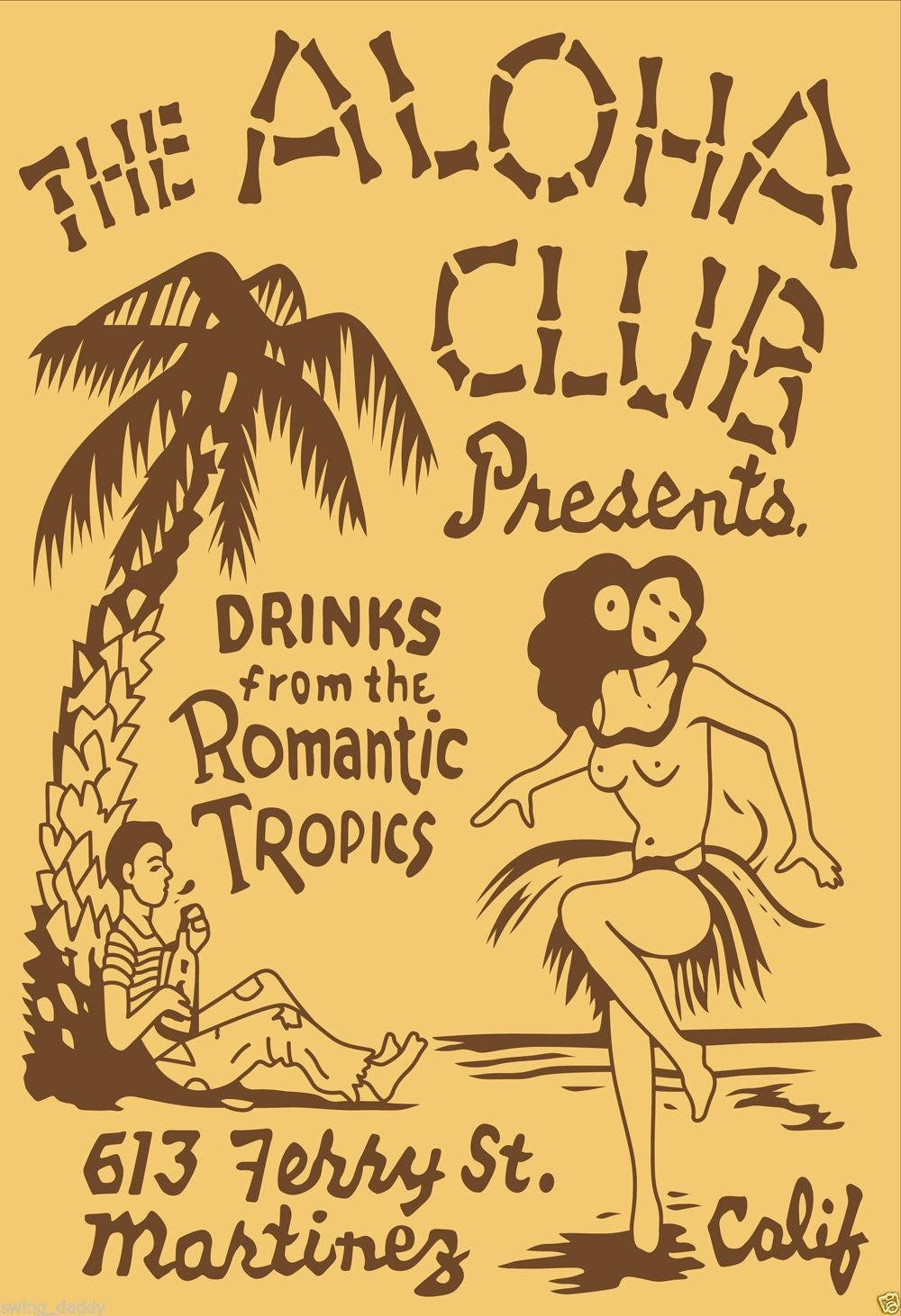 Aloha Club Tiki Bar Vintage Matchbook Art Reproduction Poster 24x36